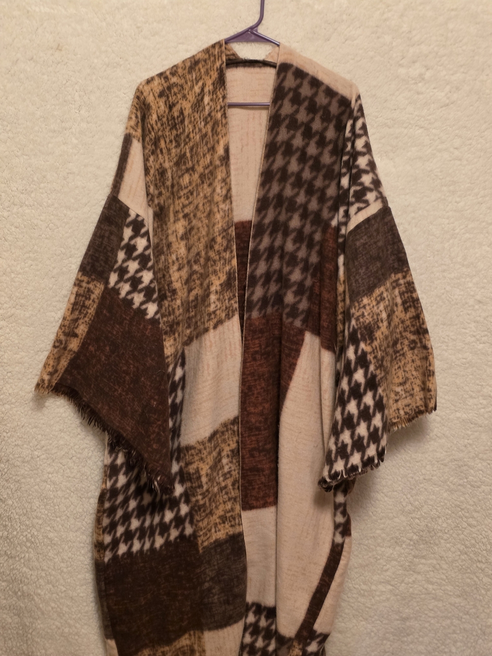 Open-Front Patchwork Houndstooth Knit Cardigan - Brown & Cream - Picture 1 of 3
